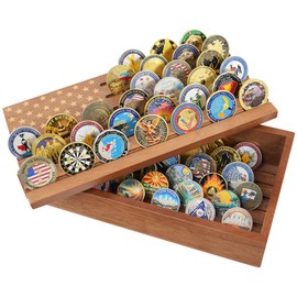 TJWZXX Challenge Coin Display Case, 12 Rows Solid Wood Military Coin Holder Rack Holds 69 Coins with Removable Lid, Army Coin Display Box with American Flag, Walnut