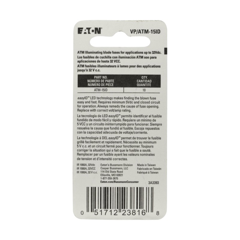 Bussmann VP/ATM-15ID easyID Illuminating Blade Fuse, (Pack of 10)