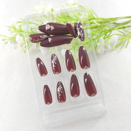 Medium Almond Press on Nails Fall Glue on Nails Glossy Acrylic Nails Brown Full Cover Fake Nails with Gold Glitter Patterns Design Medium Nails Press ons Artificial False Nails for Girls 24Pcs