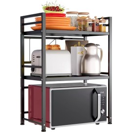 DOLALIKE Expandable Microwave Rack, Countertop Kitchen Utensils Tableware Storage, Carbon Steel 3 Tier Shelf with 3 Hooks