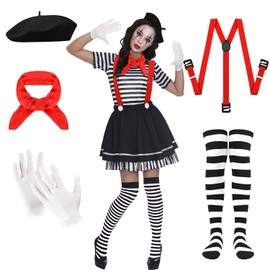 Charfia Pantomime Costume Women Men Carnival Costume Black Beret Hat Stockings Black White Striped Red Cloth Red Adjustable Braces Gloves Fancy Dress Costumes Carnival Costume, black
