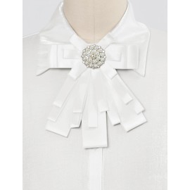 Allegra K Women's Pre-tied Bowknot Beads Bow Tie Elegant Large Ribbon Brooch White One Size