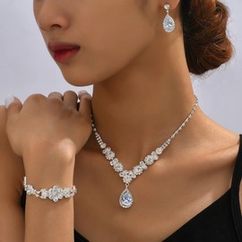 Chargances 4pcs Wedding Jewelry Set for Bride Bridal Rhinestone Teardrop Statement Necklace Earrings Bracelet Sets Silver Crystal Jewelry for Women (Style 4)