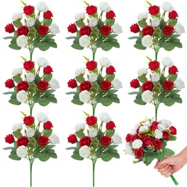 Zeyune 8 Bunches 12 in Artificial Mini Rose Bouquet Bridal Flower Bouquets Fake Roses Silk Roses for Home Office Garden Parties Wedding Mother's Day Decoration (Red and White)