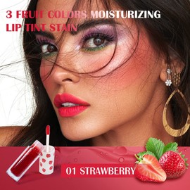 Prreal 2pcs Lip Tint Stain, Mini Lip Stain, Moisturizing Liquid Lipstick, Multifunctional High Pigment Lipstick for Lip Cheeks and Eyes, Long Lasting Waterproof Lip Makeup (#01+#02)