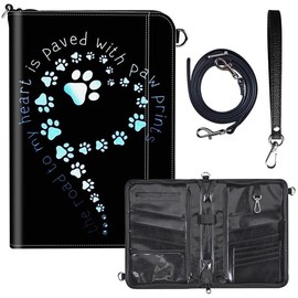 Travel Passport Wallet for Men Women,Leather RFID Blocking Passport Holder Family 6 Passports Travel Document Credit Cards Organizer Bag with Zipper Neck Wrist Strap,pawprint Heart