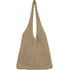 WantGor Crochet Bags, Beach Mesh Tote Bag Womens Shoulder Shopping Handbag Casual Travel Totes Bag Foldable Hobo Bags (Khaki)