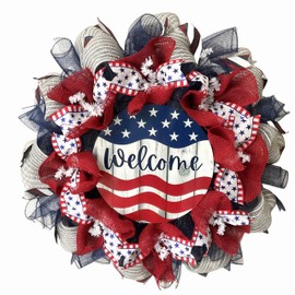 Patriotic Welcome Wreath with Wood Look Gray Background Handmade Deco Mesh Available in 24 inch and 28 inch diameters
