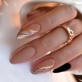 24 PCS Almond Press on Nails Gold White Ripples Fake Nails Glossy Marble Pattern Full Cover False Nails Stick on Nails with Glitter Line Design Artificial Nails Glossy Nude Glue on Nails for Women