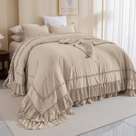 Masaca Oversized King Comforter 128x120,Farmhouse Shabby Boho Chic Ruffled Bedding Comforter Set,Extra Large King Size Ruffle Comforter Sets Vintage French Country Bedding Set Ultra Soft