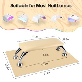 Arm Rest for Nails Tech with Table Mat for Salons and Home Manicures, Soft Microfiber Leather Nail Hand Rest for Relaxing Arms, Non-slip Height Hand Pillow Cushion Nail Salon Manicure (Beige)