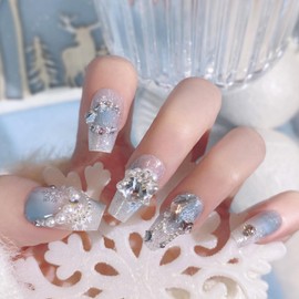 HAPVITAL 24 Pcs Nail Tips, Nail Tips, Popular, 3D Nail Tips, Handmade Nail Tips, Japanese Style, Brides, Glossy, Wedding Nail Tips, Cute, Long, Blue Snowflakes