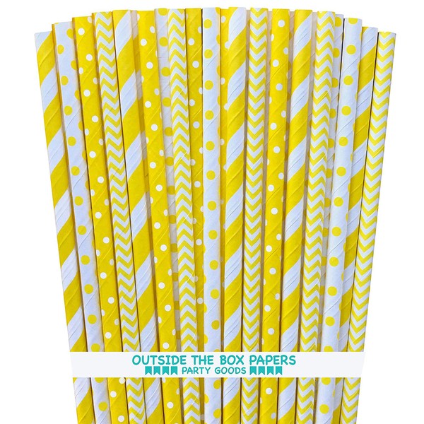 Yellow and White Paper Straws - Stripe Chevron Polka Dot - 7.75 Inches - Pack of 100 - Outside the Box Papers Brand