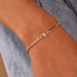 VRIUA Gold Bracelets for Women, 14K Gold Plated Cuban Evil Eye Bracelet Dainty Evil Eye Chain Bracelets Adjustable Gold Chain Bracelets Gold Jewelry for Women