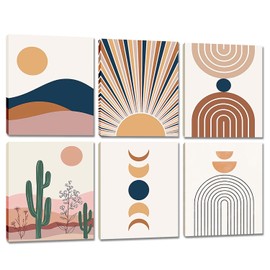 Framed Painting Boho Wall Decor - Minimalist Mid Century Abstract Line Cactus Artwork Bohemian Print Poster Sun and Moon Pictures for Home Office Living Room Bedroom Decoration 8x10inch Ready To Hang