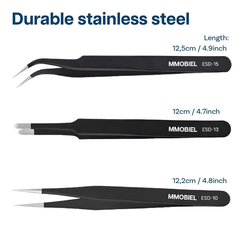 MMOBIEL 3X Industrial Precision ESD Tweezers Anti-Static Stainless Steel for