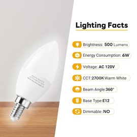 HengBo LED E12 LED Candelabra Bulbs, 60W Equivalent E12 Light Bulbs, C37 Candle Base Chandelier Light Bulbs, Non-Dimmable, Warm White 2700K, Pack of 12