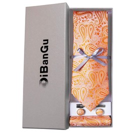 DiBanGu Men's Peach Paisley Tie Pocket Square Woven Coral Tie Cufflinks Set Silk Necktie Wedding