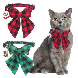 ADOGGYGO Christmas Cat Collars Breakaway with Bowtie, 2 Pack Red Green Plaid Xmas Kitten Collar with Removable Bow Bell Christmas Collar for Cats Kittens