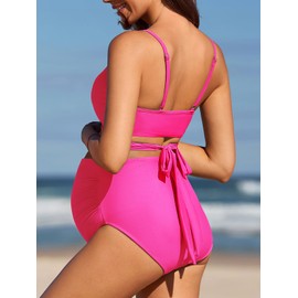 Summer Mae Maternity Criss Cross Bikini Swimsuits High Waist String Floral Bathing Suit Two Piece Pregnancy Swimwear Pink Large