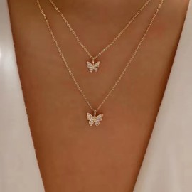 Boho Layered Dainty Gold Necklace for Women Diamond Butterfly Necklace Double Cz Butterfly Choker Crystal Rhinestone Butterfly Pendant Necklace Thin Chain Simple Silver Necklace Wedding Jewelry