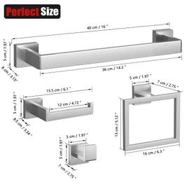 5-Piece Brushed Nickel Bathroom Hardware Set: Square Bathroom Accessory Sets Complete with 16" Hand Towel Holder - Toilet Paper Holder - Towel Ring - Robe Towel Hook.