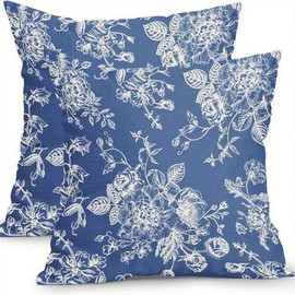 Floral Throw Pillow Covers 18x18 Inch Set of 2, Vintage Chinoiserie Decorative Pillow Cases for Couch Sofa Bed Living Room Home Decor (Blue)