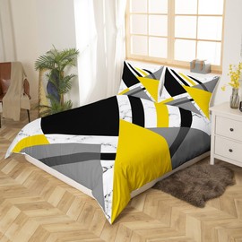 Yellow and Grey Comforter Cover 135 x 200 cm Patchwork Geometric Triangle Striped Bedding Set Black White Marble Duvet Cover for Children Adults Geometry Lines Quilt Cover Nordic Style Room Decor