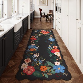 WondRg 2x6 Washable Black Floral Runner Rug for Kids Room Non-Slip Low Pile Soft Thin Flower Carpet Throw Rug for Kitchen Hallway Entryway Bathroom Bedroom Laundry