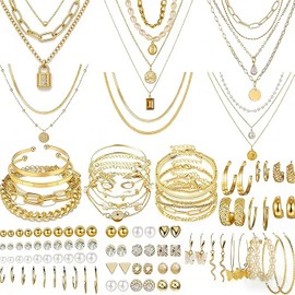 Set de 77 Piezas de Joyería Dorada para Mujer, Joyería de Moda Chapada en Oro, Collar en Capas para Pulseras de Varias Vueltas y Pendientes, Regalos para Regalos para el Día de la Madre
