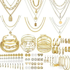 Set de 77 Piezas de Joyería Dorada para Mujer, Joyería de Moda Chapada en Oro, Collar en Capas para Pulseras de Varias Vueltas y Pendientes, Regalos para Regalos para el Día de la Madre