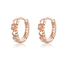 Double Love Heart Cubic Zirconia Sleeper Small Hoop Earrings for Women Teen Girls S925 Sterling Silver Cartilage Tiny Cute CZ Huggie Hoops Clip Hypoallergenic for Sensitive Ear 14K Rose Gold Plated