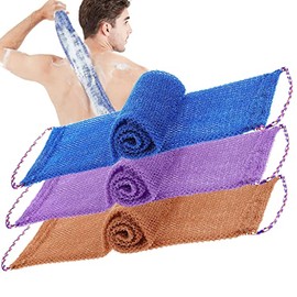 TENQUAN African Exfoliating Net 3 Pcs 31.5" Long Bath Sponge Body Shower Back Scrubber with Rope Handles for Men and Women Skin Smoother Clean and Clear Daily Wash (Purple Blue Coffee)
