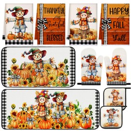 Fanfanwin 10 Pcs Fall Pumpkin Kitchen Decor Kitchen Towels Pot Holders Oven Mitts and Rugs Set Thanksgiving Towels for Baking Cooking BBQ Autumn Home Decor(Orange,Pumpkin Style)