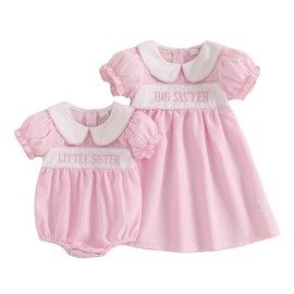 Baby Girls Little Sister Big Sister Matching Outfits Newborn Baby and Toddler Peter Pan Collar Short Puff Sleeve Matching Summer Dresses Gingham Baby Grow (Gingham Big Sister Rose, 18-24 Months)