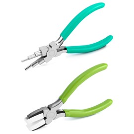 QWORK Jewelry Bail Making Pliers Sets, 2 Pack, 6 in 1 Wire Looper Pliers and Nylon Jaw Flat Nose Pliers for Jewelry Making, Jump Ring (Green-Red)