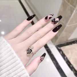 Set of 24 Nail Tips, Unique Design, Trapezoid Style, Sparkling Black Nail Ribbon, Western Style