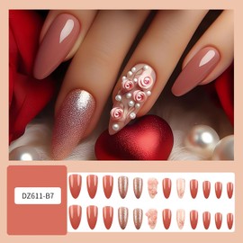 LPOODDNU Press on Valentine Nails Glossy Pink Almond Fake Nails 3D Rose Flower Glue on Nails with Pearl Designs Medium Valentines Acrylic Nails Press ons Valentines Stick on Nails for Women