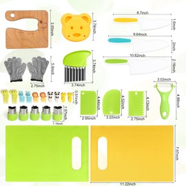 28PCS Toddler Knife Set - Kids Knifes for Real Cooking, Wooden Kids Kitchen Knife Set with Gloves Cutting Board Fruit Vegetable Crinkle Cutters Plastic Kid Safe Knives, Toddlers Kitchen Tools