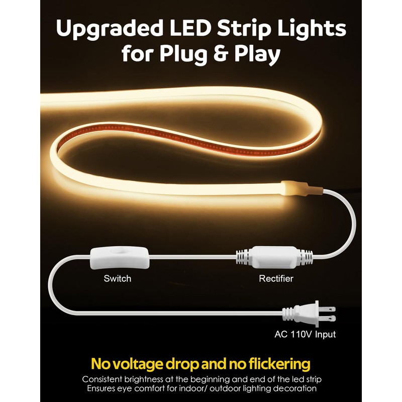 Aclorol 50ft AC 110V COB LED Strip Lights Outdoor Waterproof