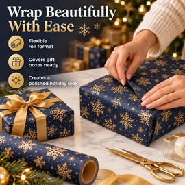 Snowflake Wrapping Paper Roll for Holiday Gifts – Double-Sided Navy Blue Kraft Paper for Christmas and Winter Celebrations