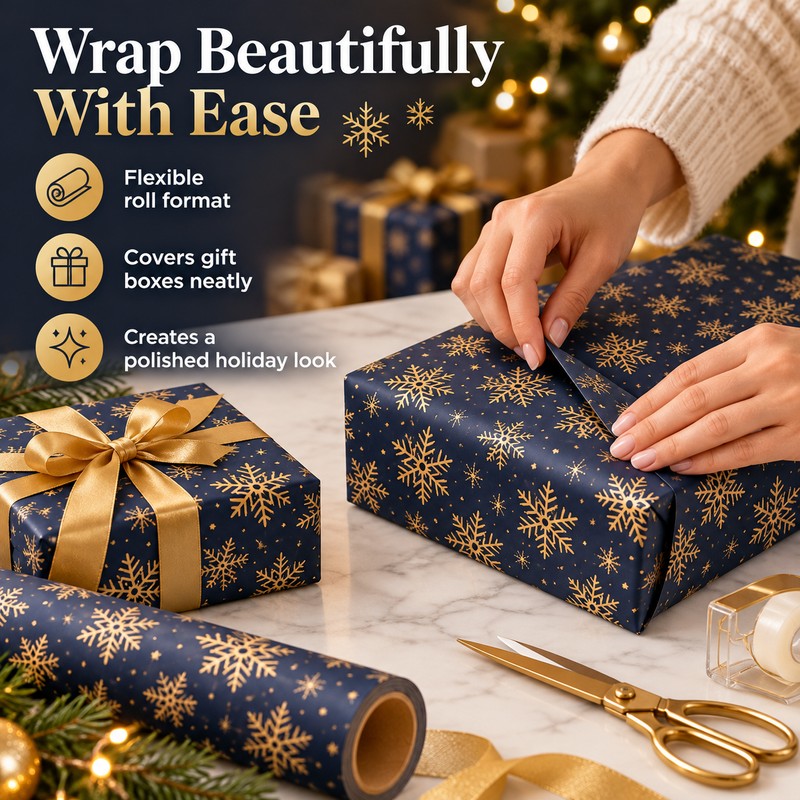 Snowflake Wrapping Paper Roll for Holiday Gifts – Double-Sided Navy
