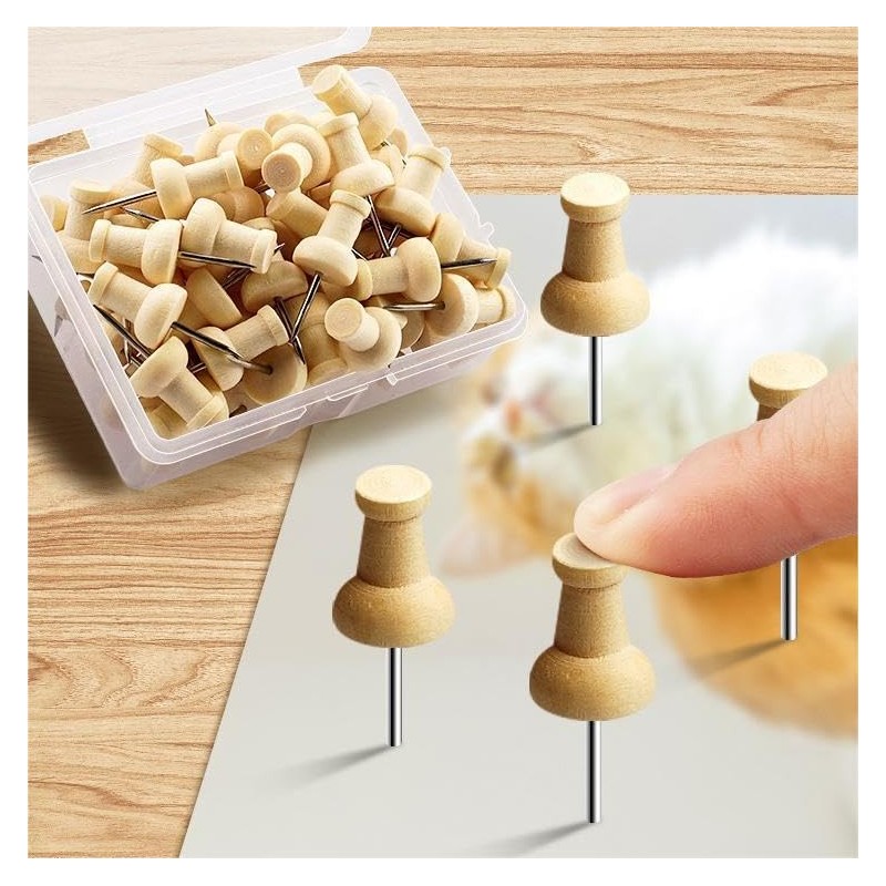 Pack of 50 wooden push pins, thumbtacks wood for cork