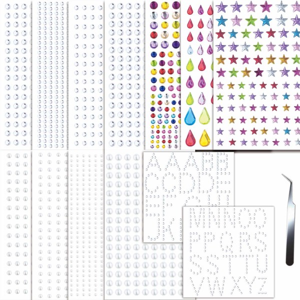 2450Pcs Hair Gems Rhinestones Self Adhesive Stickers with Tweezers Pearls
