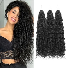 24Inch Deep Wave Twist Curly Crochet Hair Extensions 3Pack Deep Wavy Air Curl Bulk Hair Synthetic Boho Braids Water Wave Crochet Hair Extension for Women (1B, 24Inch-3Pack)