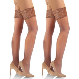Sesto Senso Hold-Up Stockings with Lace, Pack of 1 or 2, 15 Denier Fine Stockings for Ladies - Pack of 2 – Brown – Ete 15 DEN, size: m-l