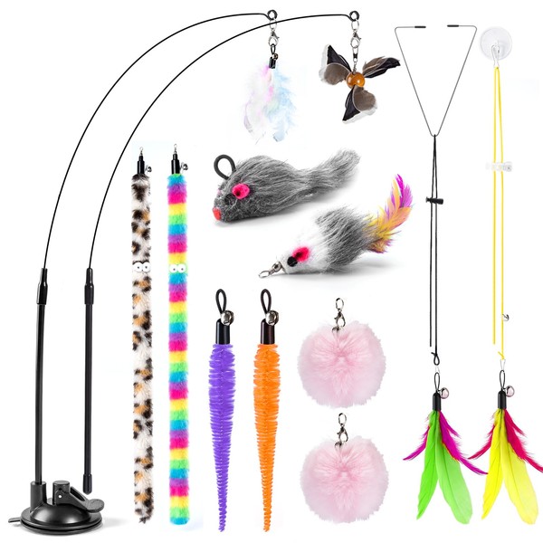 LongForU Katzenangel mit Federn und Saugnapf - Interaktives Katzenspielzeug und