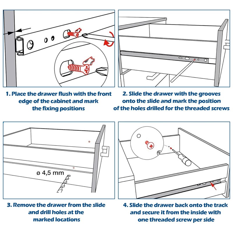 Pack of 4 Drawer Runners, 246 mm Drawer Runners, Drawer