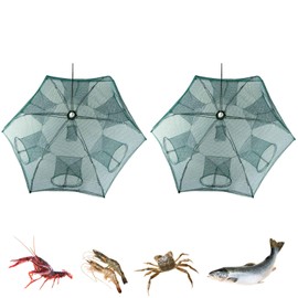 TeqHome 2 Pack Fishing Trap Net, Foldable 6-Sided 6-Hole Bait Trap, Automatic Collapsing Fishing Net with Zipper & Portable Design, for Shrimp, Crab, Minnow, Crayfish, Lobster - 33 x 15 Inch