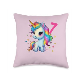 Unicorn Rainbow Birthday Outfit Cute Girl's Outfit Cute Rainbow Unicorn for 7Th Old Girl's Birthday Throw Pillow, 16x16, Multicolor